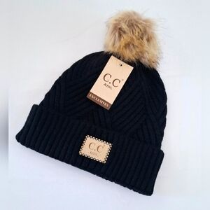 C.C. Kids Diagonal Stripes Criss-Cross Cable Knit Soft Pom Beanie Hat